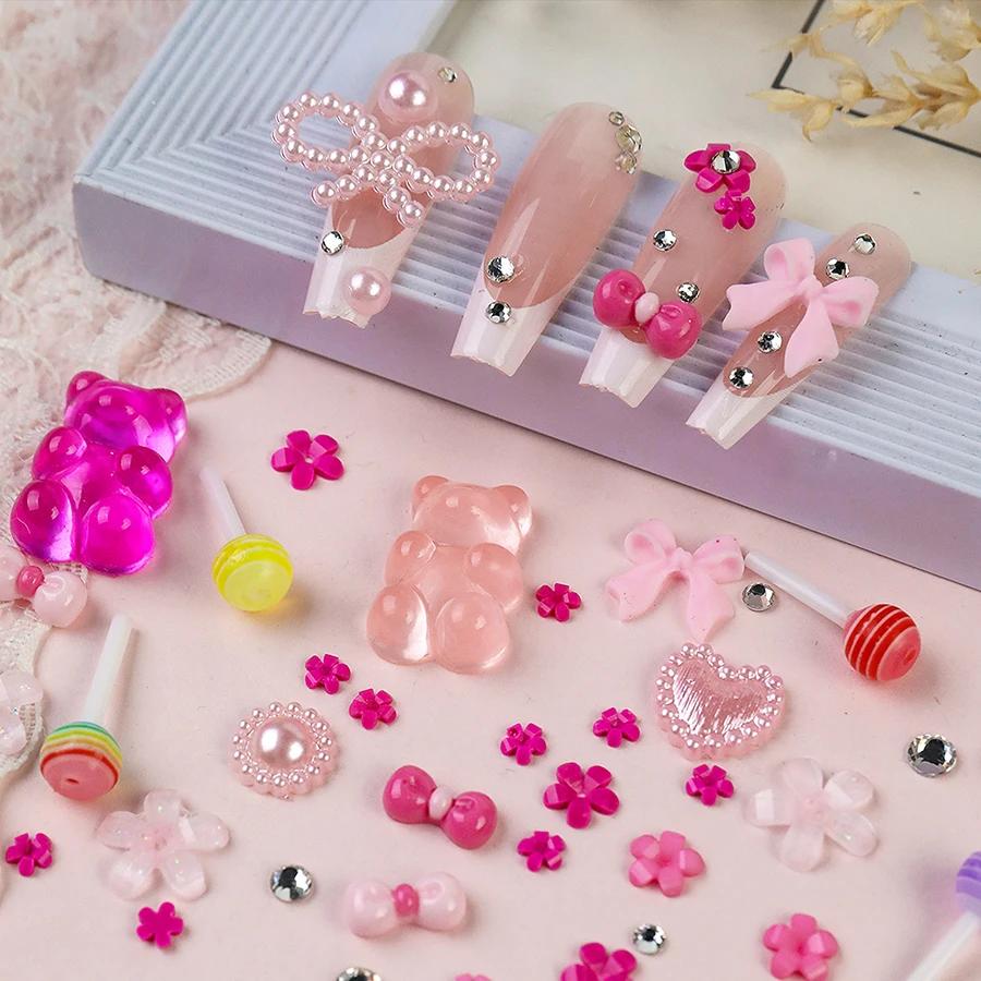 Rhinestones 12 Nail Mixed Grid 3d Pearlescent Beads Ribbon Heart Charms For Nail Art Decoration