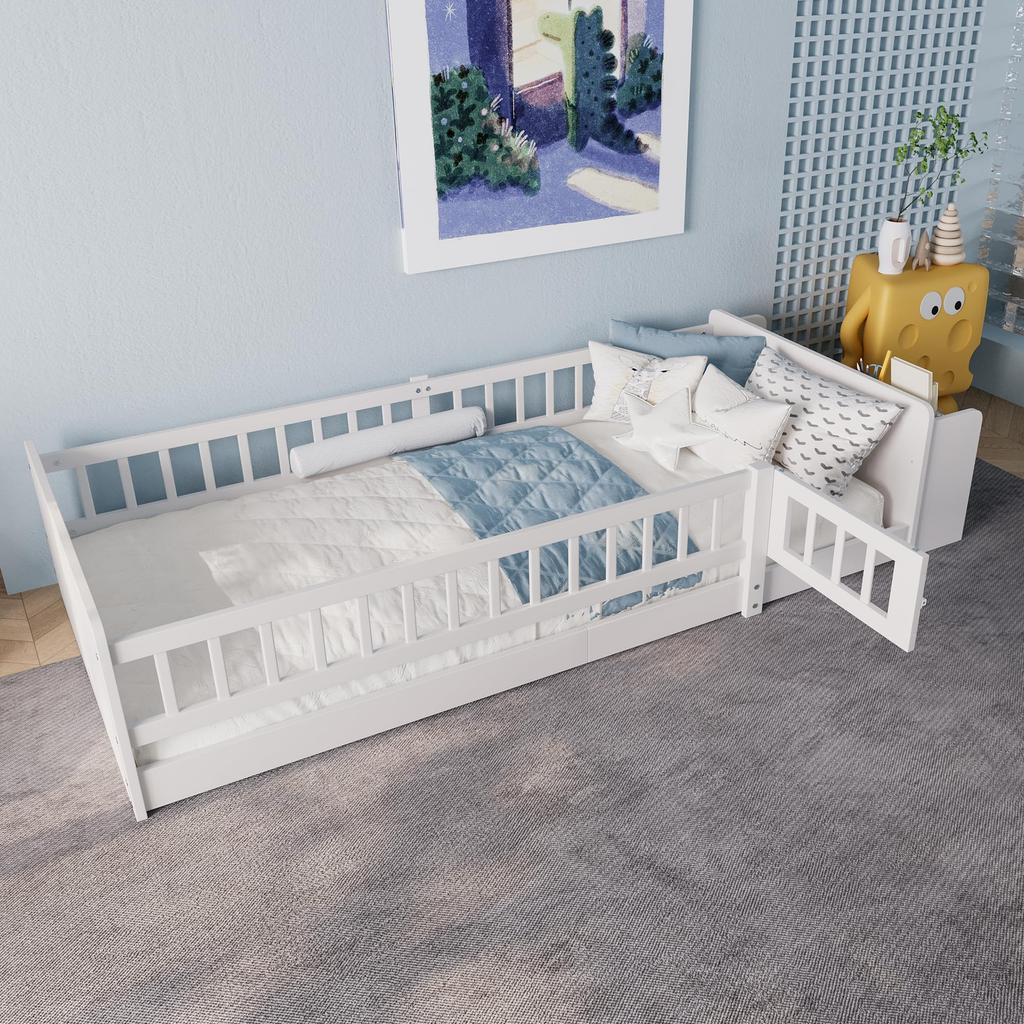 Kinderbett Bodenbett 90x200cm Rausfallschutz Lattenrost Zaun Stauraum Ablagen Holzgestell Jugendbett 200kg belastbar