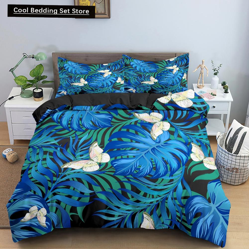 Comforter Tropical Leaves Butterfly Printed Bedding Sets With Pillow Case Luxury Polyester Queen/King Size Gift Blue