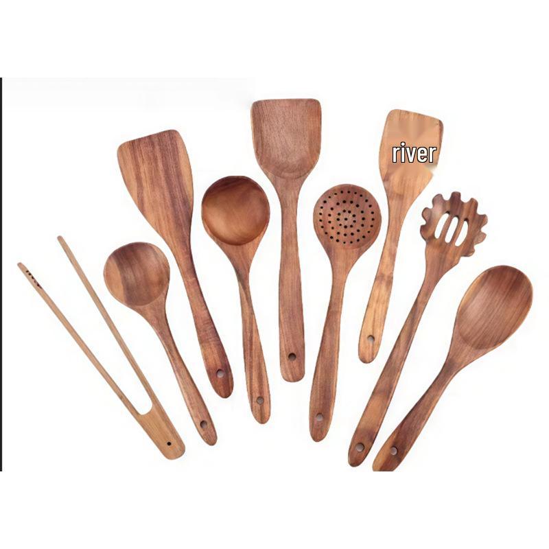 Teak 9-Piece Kitchen Set: Solid Wood Spatula, Spoon, Fork, Non-stick Pan, Acacia Wood Utensils, Long Handle Pot & Vegetable Spatula
