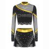 Womens Cheerleading Costume Set Long Sleeve Rhinestone Crop Top Matching Dance Skirt Performance Outfit