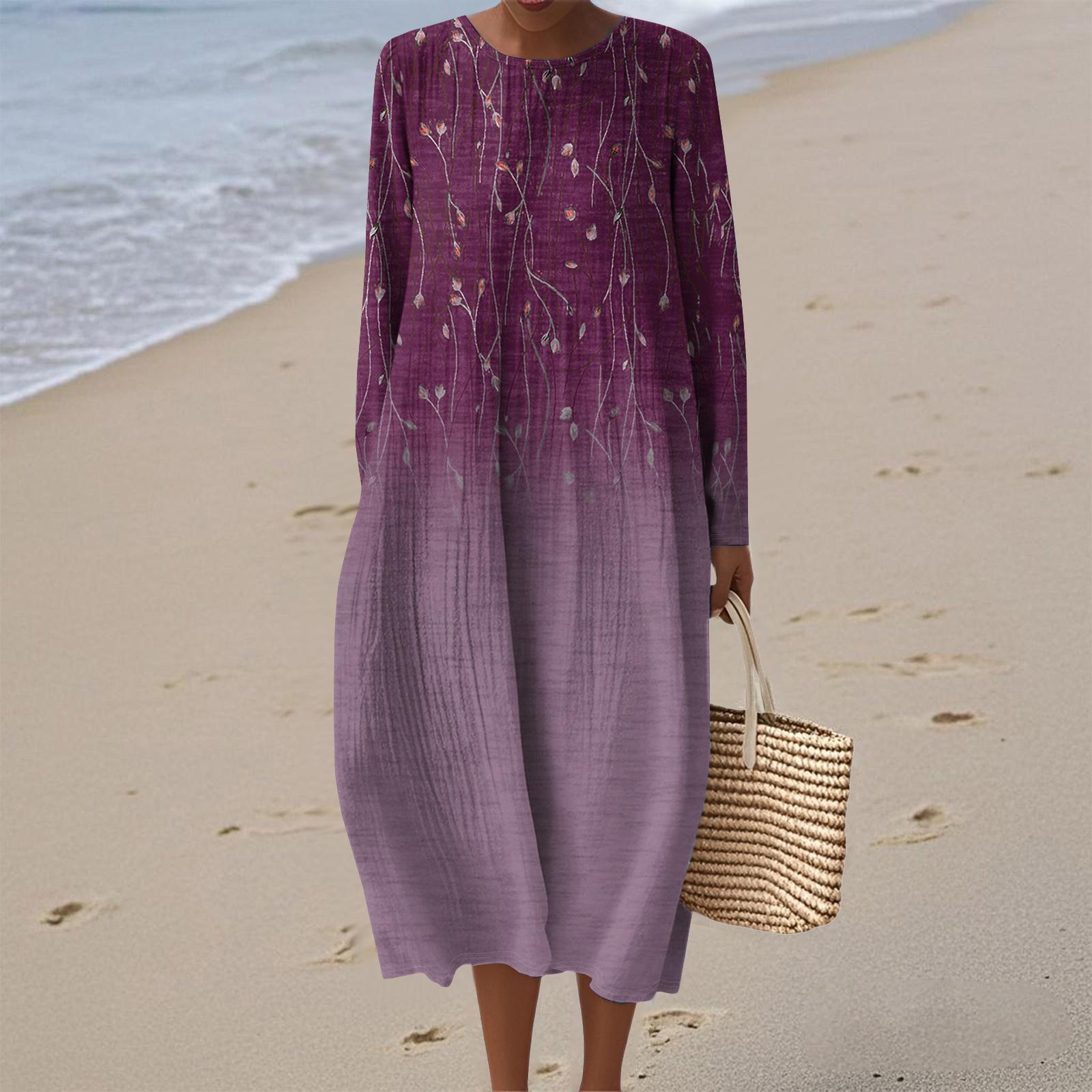 

Женское модное повседневное платье с длинными рукавами, круглым вырезом, цветочным принтом и застежкой-молнией S фиолетовый