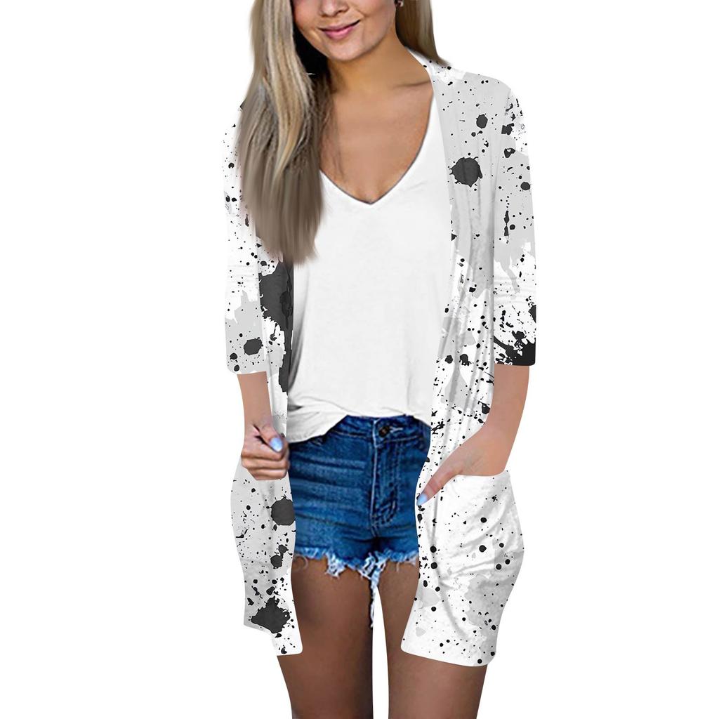 Women's Fashion Loose Casual Pocket Printed Cardigan Seven Sleeve Jacket Top