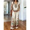 Travel essentials printed two-piece set, vintage elegance V-neck top, loose hierarchy wide-leg pants, vacation style