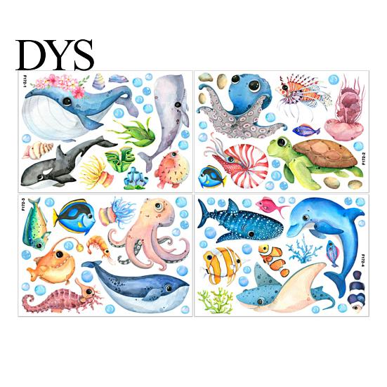 Background Stickers 1 Set Wall Sea Turtle Octopus Fish Cartoon Self-adhesive Decals Bright Color PVC Marine Life Posters Home Decor