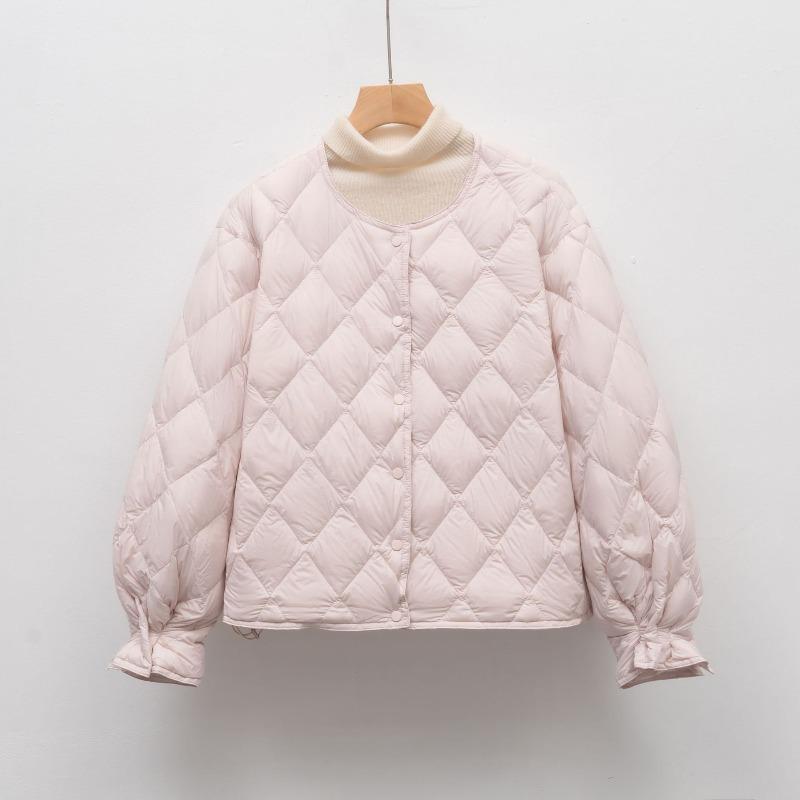 Autumn and Winter New Down Jackets Women's Light and Short Rhombus Grid Round Neck Duck Down Jacket