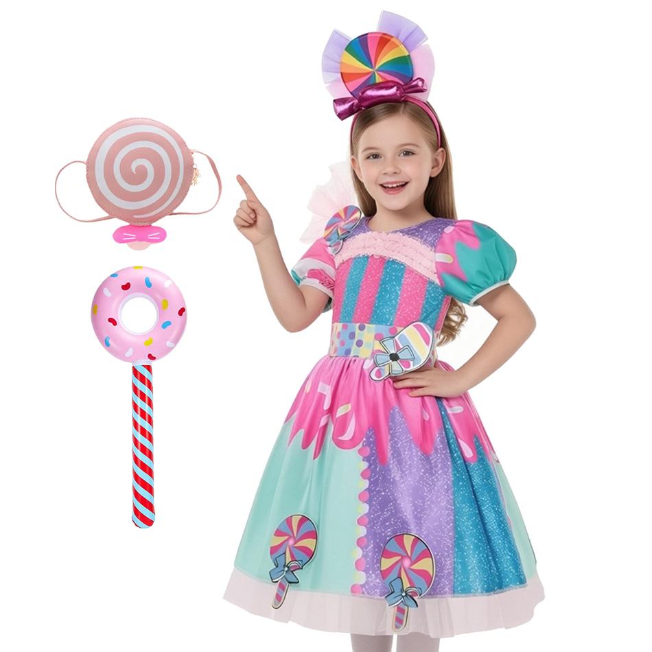 Purim Girls Lollipop Candy Dress With Headband 2 PCS Set Princess Cosplay Carnival Birthday Party Gift Cute Rainbow Costume