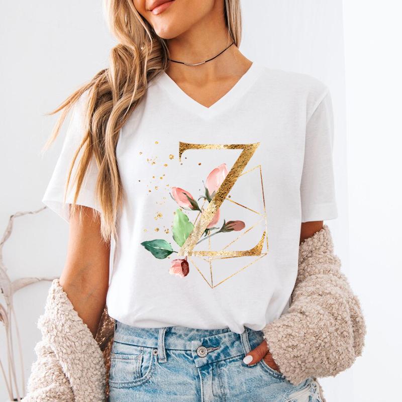 Pink Flower Letters Az Print Tshirt 26 Alphabet Unisexs Vneck Tshirt Flower Letter A B C D Short Sleeve Female Tees Tops