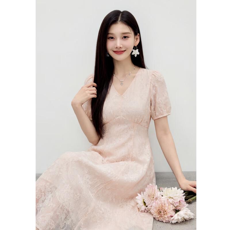 Elegant Jacquard V-Neck Puff Sleeve Midi Dress