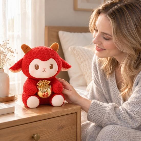 Lunar New Year Decoration Lucky Bag Sheep Plush Toy, Chinese Zodiac Festive Holiday Ornament Lamb Doll, Red Fluffy Mascot for Spring Festival,