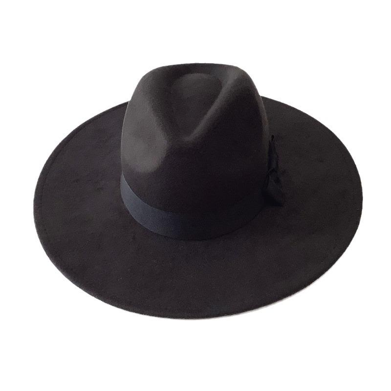 Black Jazz Hat Men's and Women's Fashion Webbing Bow Woolen Top Hat Autumn and Winter.cm Big Eaves Hat