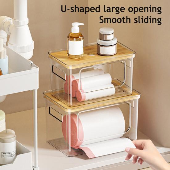 Dispenser per Sacchi della Spazzatura Portasacchi Impilabile con Coperchio in Bambù Organizzatore Trasparente in Plastica per Sacchi della Spazzatura per Cucina Lavanderia Dispensa Sotto il Lavello