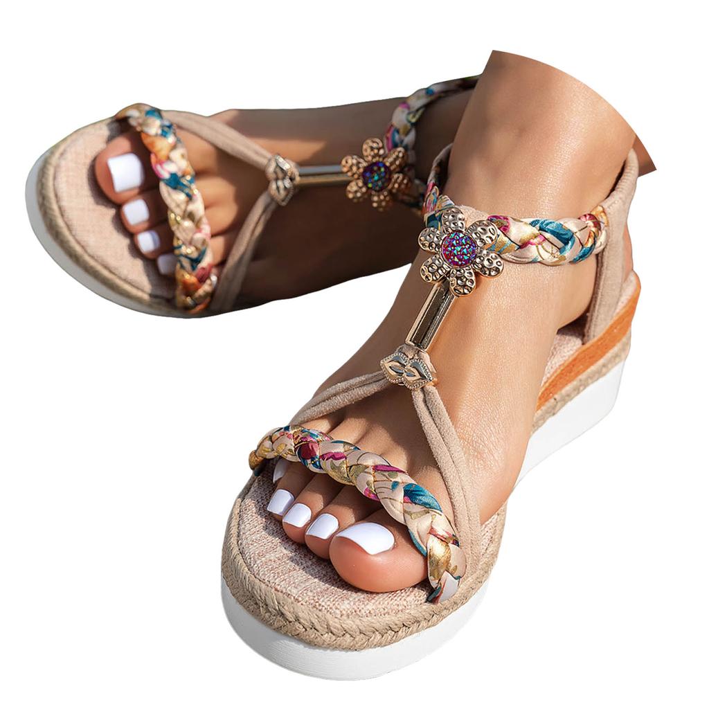 Women'S Heel Sandal Heeled Thick Soled Wedge Heeled Women'S Shoes Bohemian Hollow Colorful Decoration Outer Zapatos De Mujer