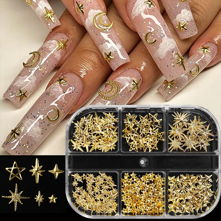 Xiaomi 6 Grids Golden Star Metal Nail Charms Cross Star Nail Metal Rivet Alloy Hollow Star 3D Nail Art Decorations Manicure Accessories