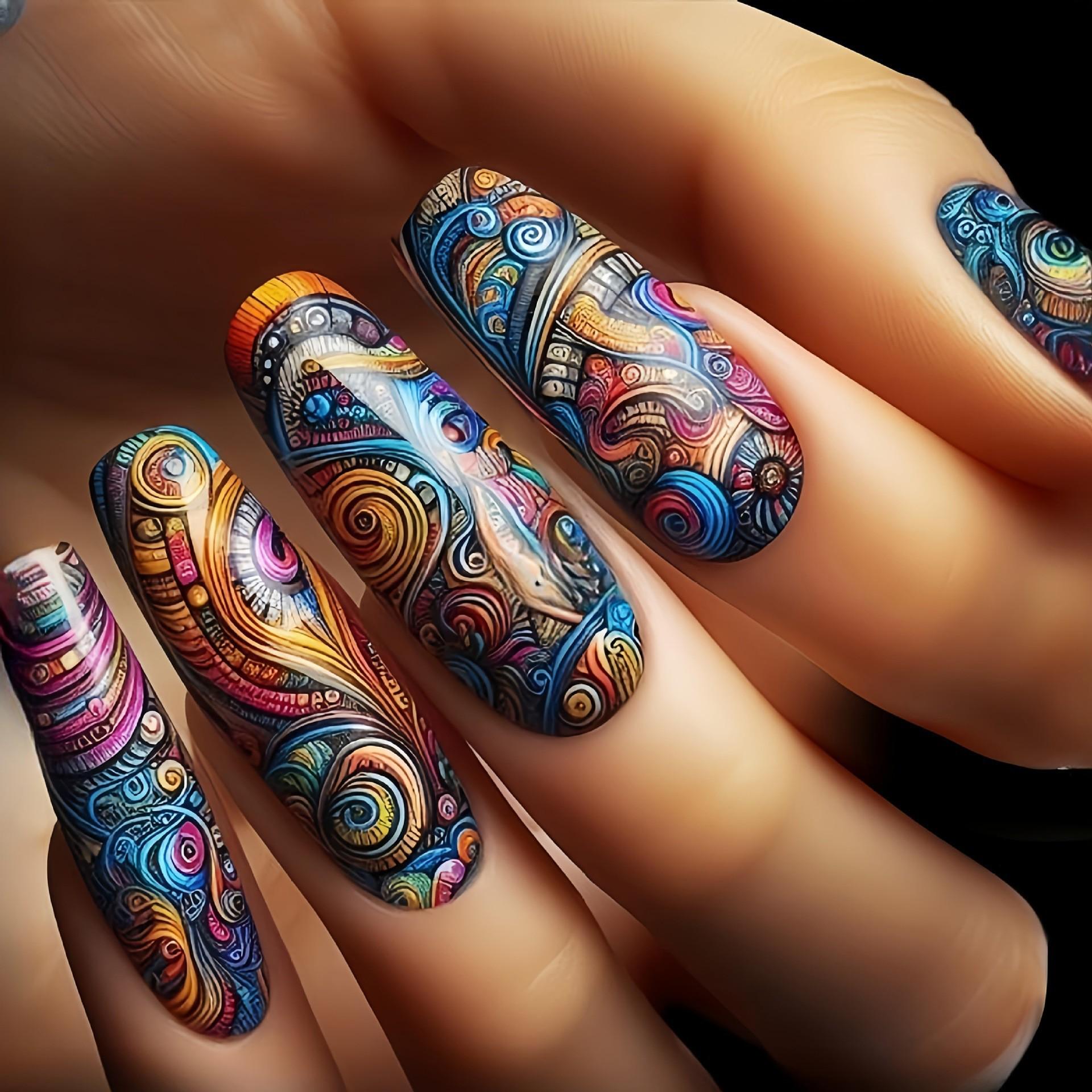 

Retro Ethnic Colorful Swirl Long Ballet Nails - Sweet & Cool Style False Nails