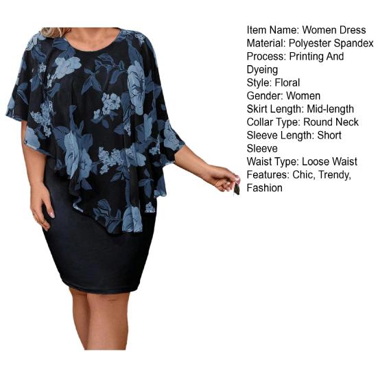 Plus Size Bodycon Dress for Women Summer Mother of The Bride Dress with Floral Chiffon Overlay Cape Formal Evening Party Cocktail Dress