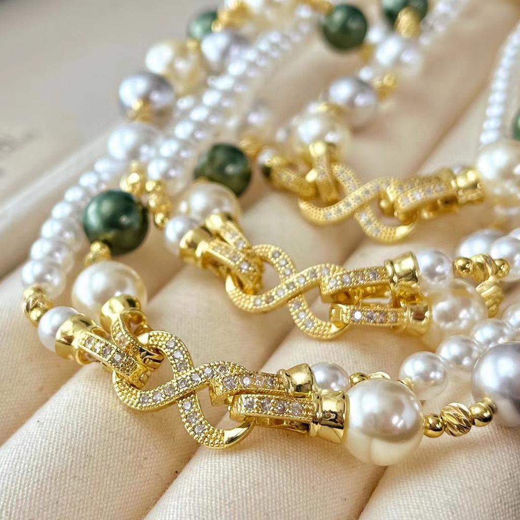 Retro Split Double-Layer Four-Season Mixed Color Shijia Round Pearl Twist Buckle Necklace Light Luxury High-End Sense