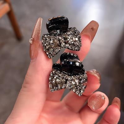 1 Ensemble de Pinces à Cheveux Élégantes en Forme de Papillon, Petites Pinces à Cheveux Noires en Velours en Forme de Nœud avec Accents Strassés, Accessoires pour Cheveux de Couleur Unie pour Femmes