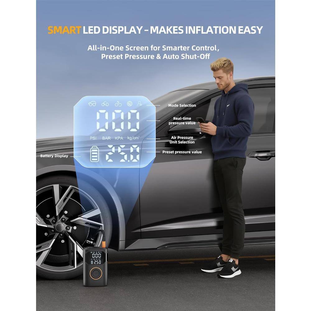 Tire Inflator Portable Air Compressor-150PSI Cordless Tire Air Pump, 5X Faster with Digital Gauge, Auto-Off & LED Light,Air Pump