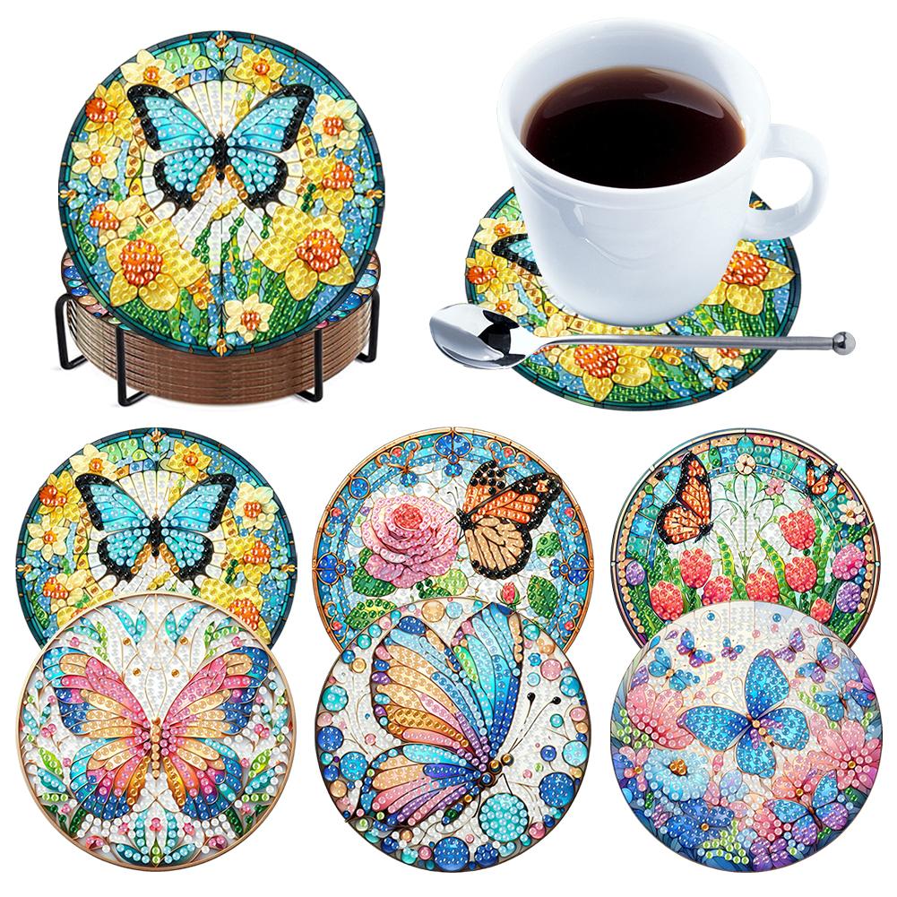 

6Pcs/Set Diamond Painting Coasters with Holder DIY Diamond Art Coaster Set Wooden for Beginners Adults Art Craft Supplies