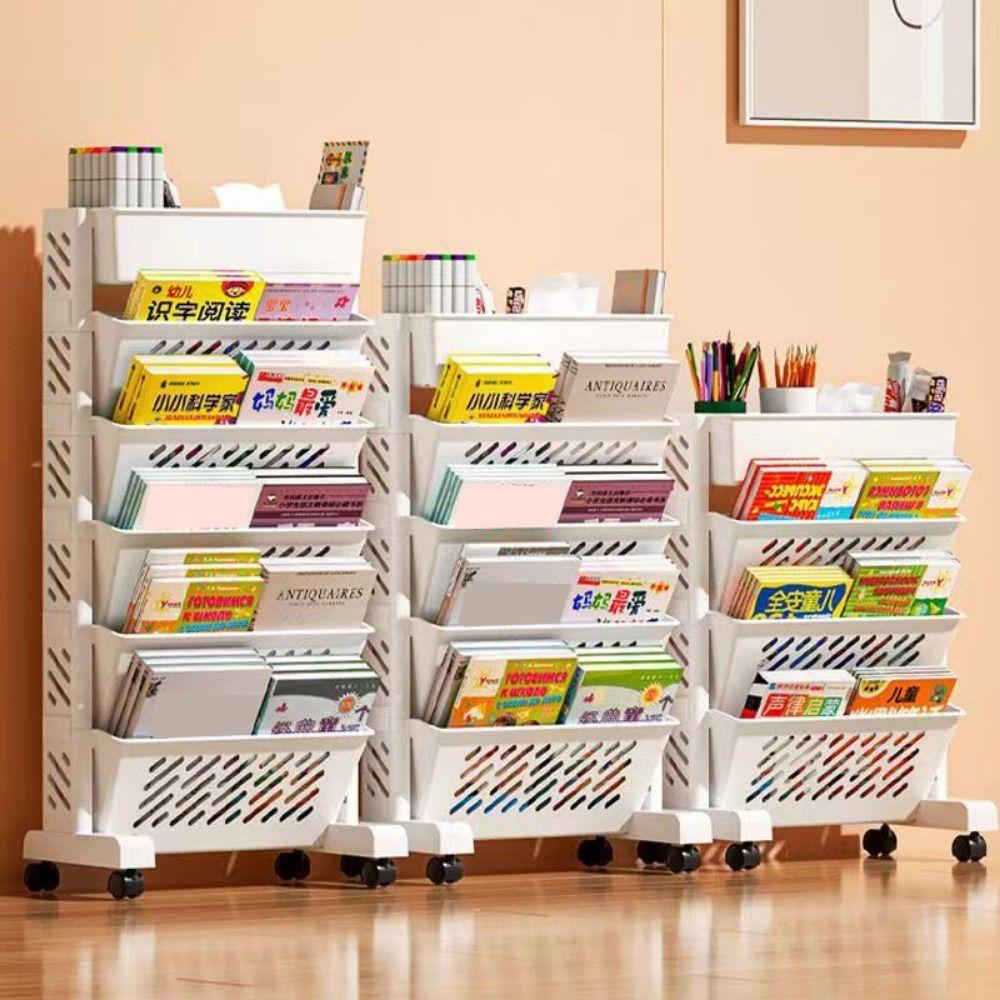Movable Multi-Layer Bookshelf 5/6 Layers Table Side Storage Basket  Bookstore