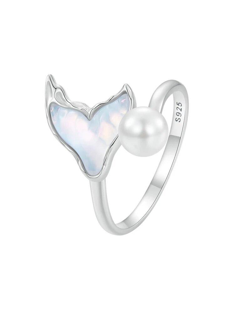 

Кольцо BAMOER с жемчугом «рыбий хвост», белое золото, стерлинговое серебро 925 пробы, милые регулируемые кольца для женщин и девочек BSR544-E