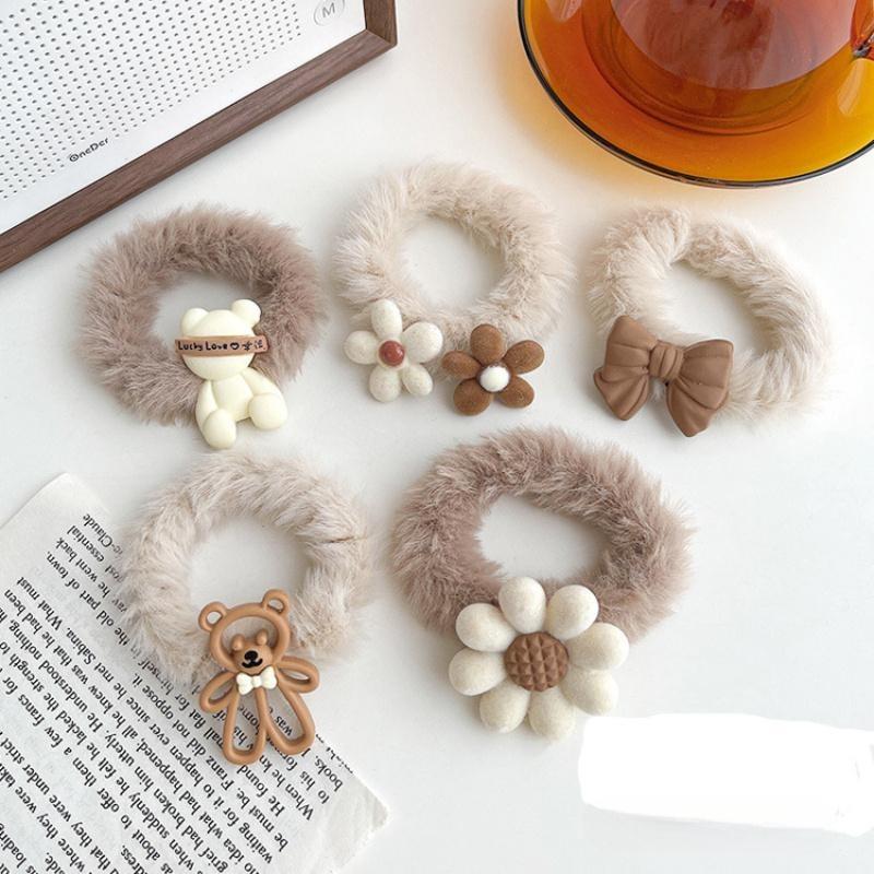 Winter Milk Coffee Cartoon Plush Headband, Bow, Flower Hair Rope, Network, Same Style Hair Accessories