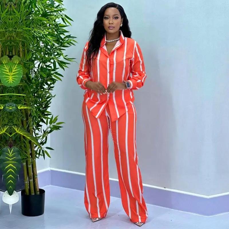 African Fashion Stripe Two Piece Set Women Spring Autumn Casual Button Long Sleeved Shirt Wide Leg Pants Two Piece Set Women