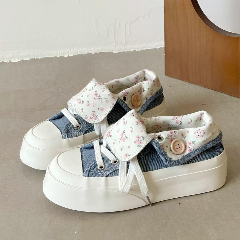Floral denim blue platform canvas white shoes women's summer breathable thin student versatile tide shoes