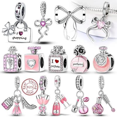 Fit Original 925 Silver Charms Beads Bow Perfume Bottle Pink Charms for Women Fine DIY Birthday Jewelry Gifts