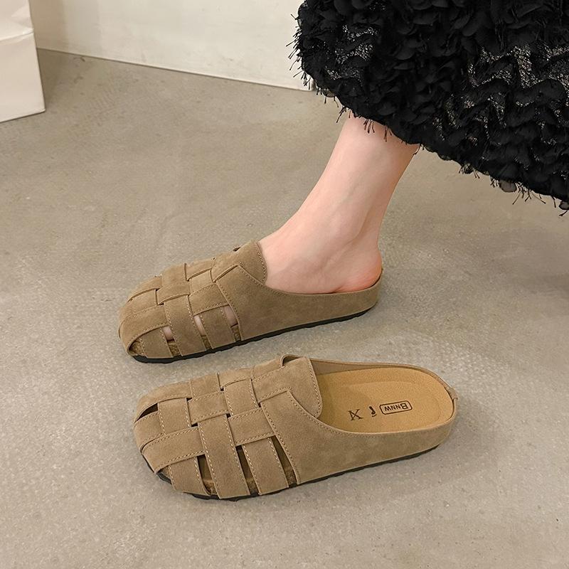 Weiche Ledertasche Kopf Hausschuhe Damen Oberbekleidung 2025 Sommer Retro Flacher Boden Atmungsaktive Gewebte Sandalen Lazy One Pedal Muller Tide