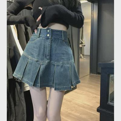 Amerikanisches Hot Girl High Waist Denimrock - Neuer Stil, Mittellang, Einfarbig, Sommerliches Lotus-Design