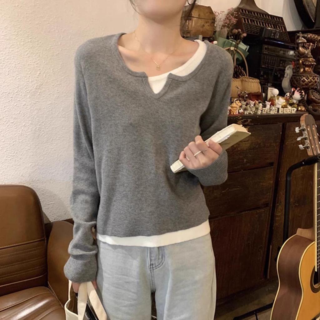 Women's French-Style Knit Sweater: Chic, Soft, Two-Piece Look with Revealing Collarbone for Spring, Autumn, and Winter.