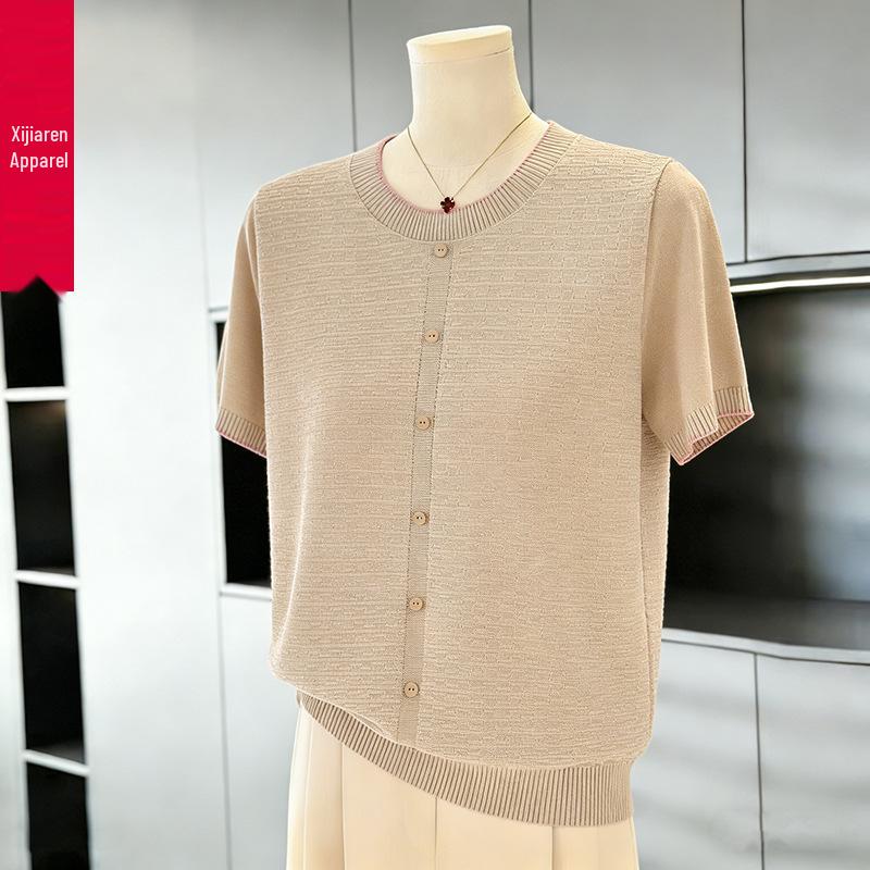 Elegant Summer Knit Top: Ice Silk Short-Sleeve T-Shirt for Stylish Moms and Seniors