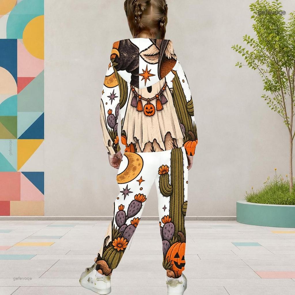 Girls Halloween Panda Ghost Printed Hooded Long Sleeve Kangaroo Pocket Cuffed Pants Two Piece Set