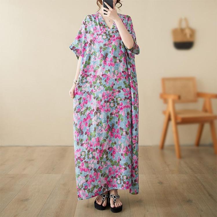 

Винтажное цветочное хлопковое платье макси с коротким рукавом, повседневное, свободного кроя, большого размера, для женщин, новинка в платьях