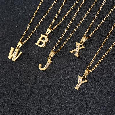 Stainless Steel Rhinestone 26 Letters Alphabet Pendant Necklace for Women Men Couple Fashion Jewelry Gift