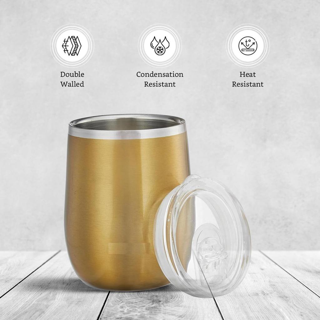 Nerezový termohrnek | Hrnček na kávu | Dvojstenný, potu odolný s viečkom na pitie na horúce a studené nápoje | Schválený BIS | 300 ml (Zlatý povrch)