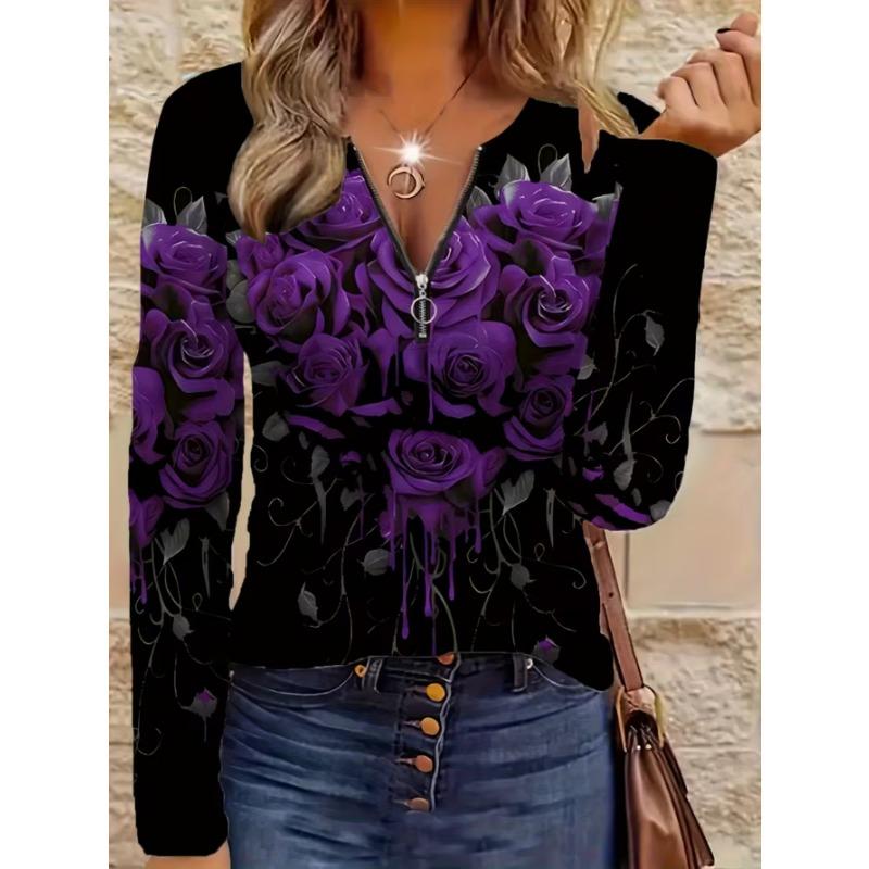 Elegantes Damenoberteil mit Reißverschluss und Print, langärmelig, stilvoll und vielseitig für Herbst und Winter, Freizeit- und Bürokleidung, maschinenwaschbar