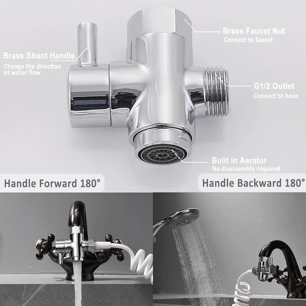 Brass Faucet Diverter Valve with Aerator, Faucet Adapter for Sink Hose Attachment, 3 Way Faucet Splitter with Male Thread Adapter, Faucet Connector