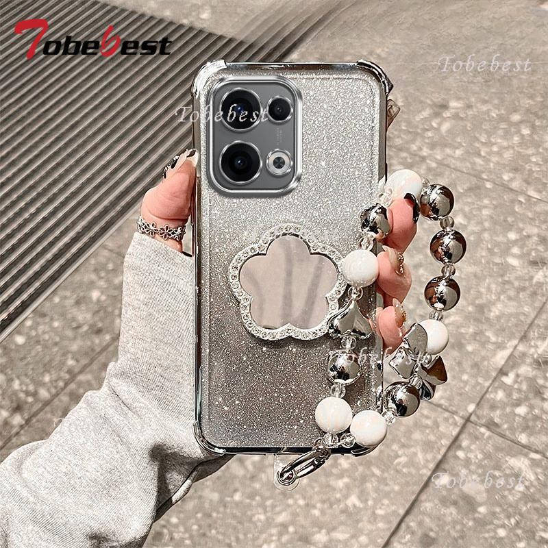 Glitter Shockproof Plating Flower Mirror Bracelet Case for OPPO Reno 13 13F 14 14F 12 12F 11 11F 10 Pro Plus Silicone Cover