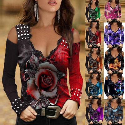Damen Langarmshirt mit V-Ausschnitt und Schmetterlings-Print, lässig, schulterfrei, Übergröße