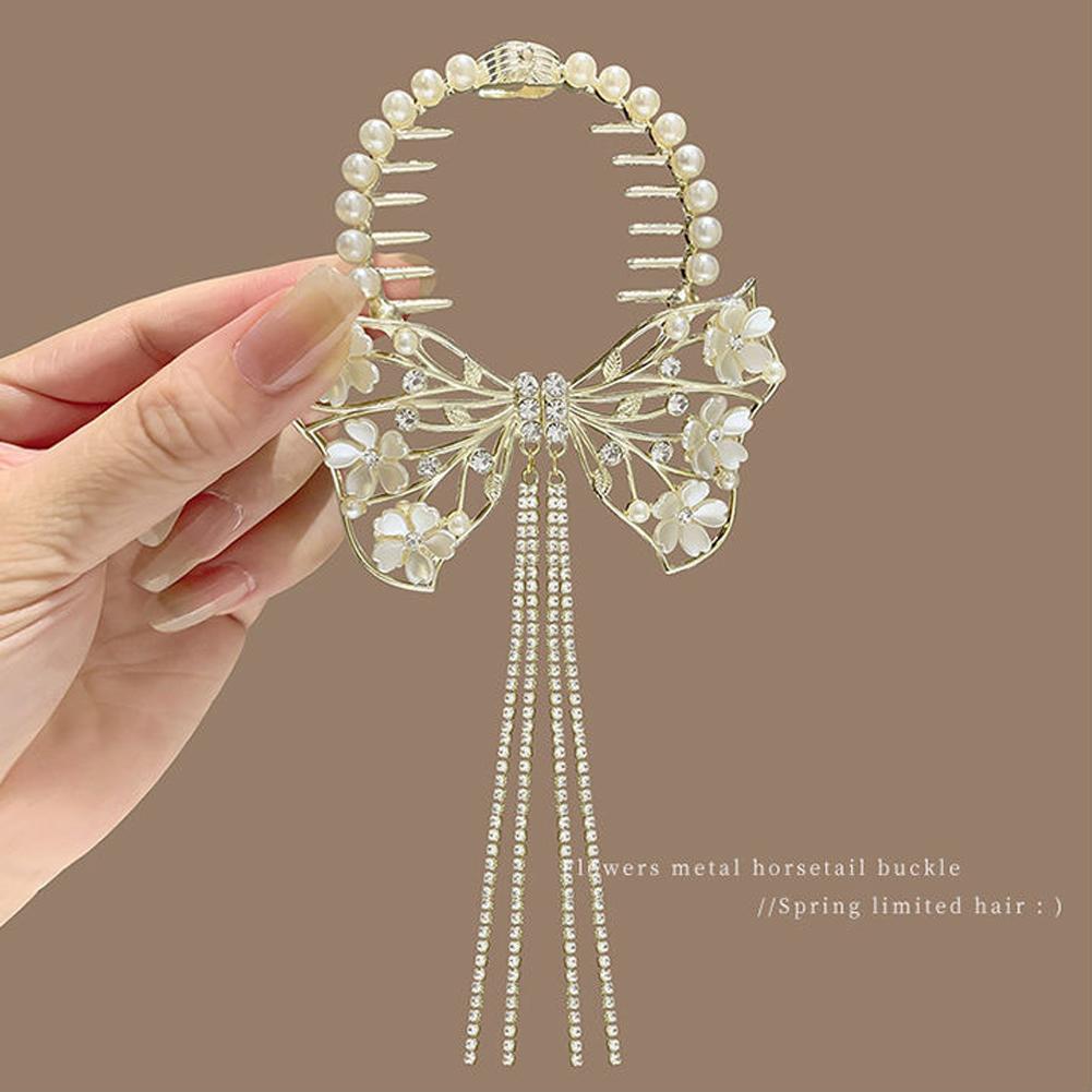 Elegant Tassel Hair Claw Rhinestone Pearl Flower Tassels Hair Clip Women Girl Ponytail Holder Hairpins Fringe Hair Accessories