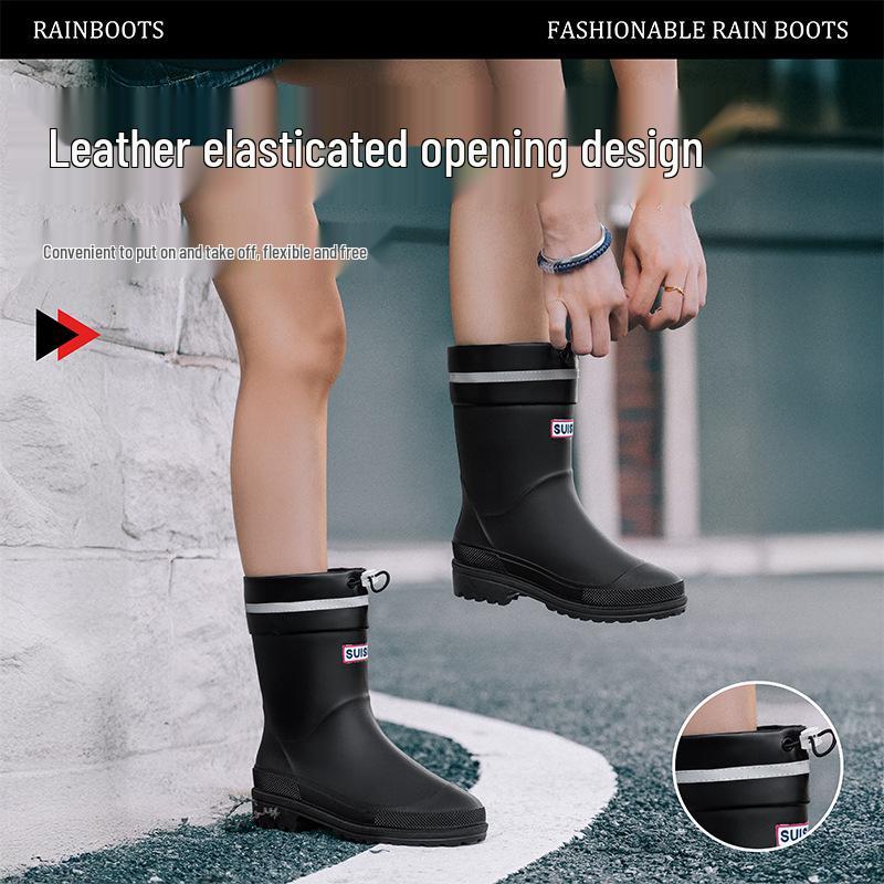 Stylish Waterproof Mid-Calf Women's Rain Boots with Drawstring - Anti-Slip Outdoor & Beach Wear