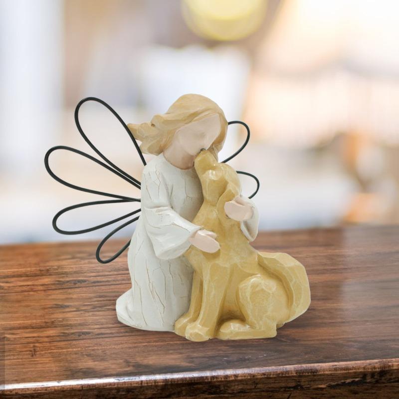 Resin Imitation Wood Carving Angel and Dog Ornaments Home Creative Warm Romantic Festival Commemorative Desktop Ornaments