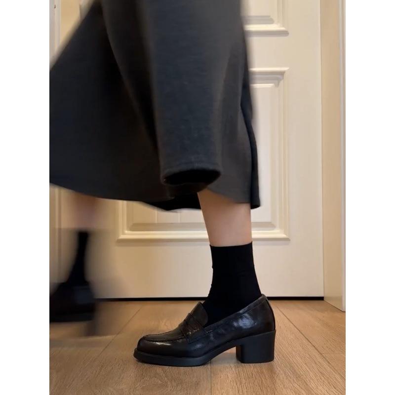 Schafslederversion~ Leder dicker Absatz schwarz retro pendeln Ein-Pedal-Slipper Damen 2025 neue kleine Lederschuhe Einzelne Schuhe