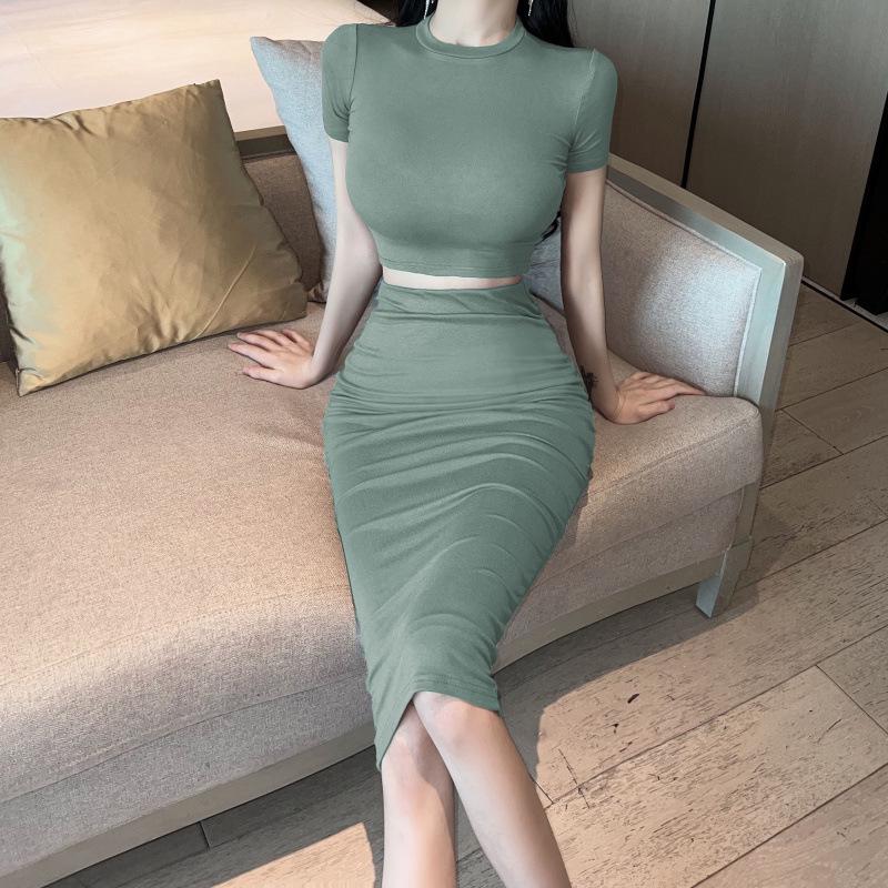 

Spicy Girl Slimming Sexy Short Sleeve T-shirt & High-Waist Hip-Hugging Long Skirt Set Small