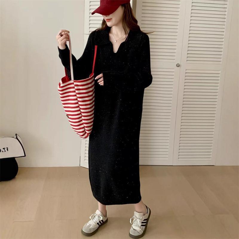 Long with coat knitted dress autumn and winter new loose lazy collar bottom with sweater skirt top