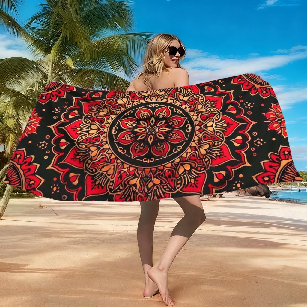 Bunt gemustertes Schwarz-Rot Mandala Strandtuch Groß Schnelltrocknendes Handtuch Geeignet für Strand Pool Yoga Handtuch Sommergeschenk für Freunde