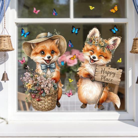 Pegatinas de Ventana Zorro de Primavera Zorro de Dibujos Animados Flores Mariposas Pegatina de Cristal Extraíble Animales Lindos Pegatinas de Ventana para Decoración de Hogar Oficina Tienda
